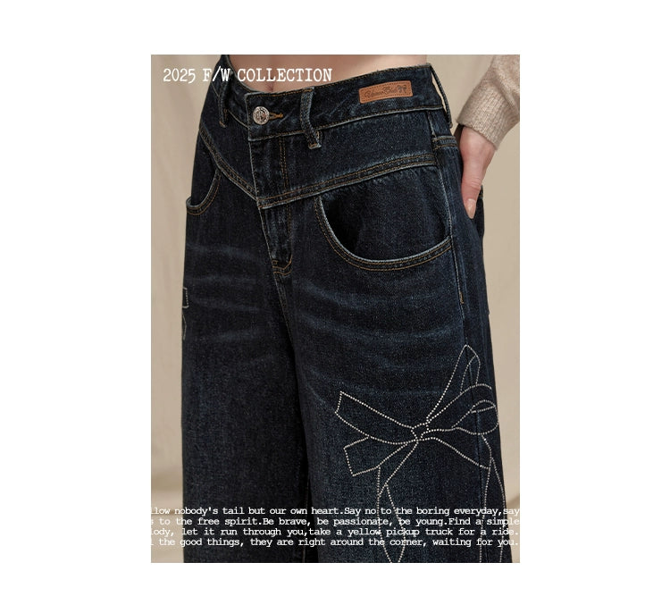 UNIFREE Cat Whisker Loose and Old Straight Jeans with Drill Splicing