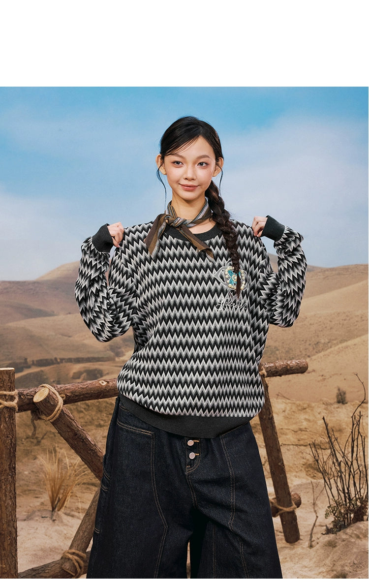 YADcrew Casual Beaded Cross Flower Wavy Knitted Sweater