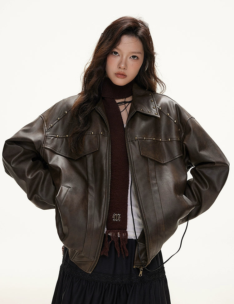 IMONE Vintage Loose Skinny Lapel PU Leather Jacket