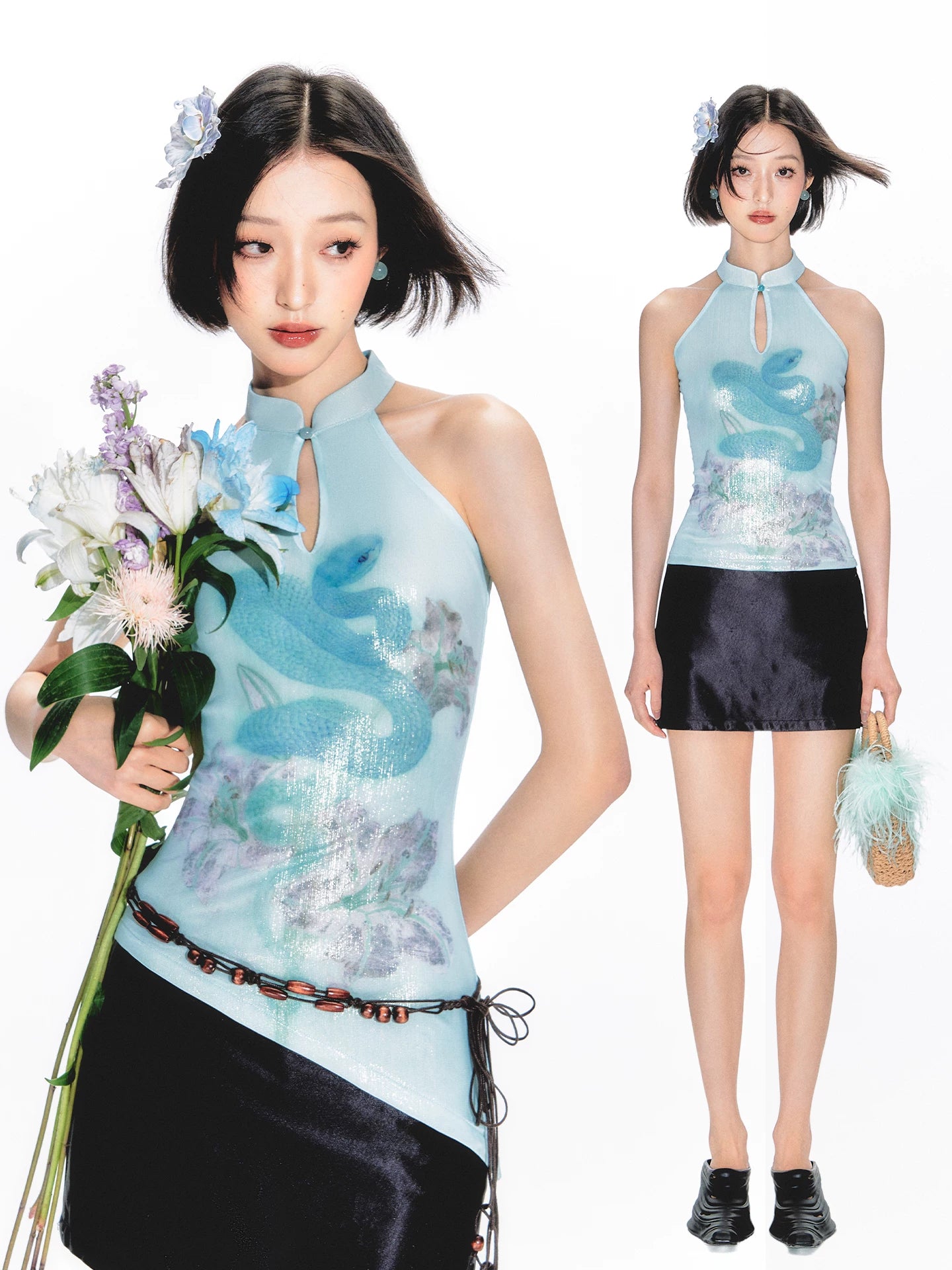YEDM Printed Sleeveless Stand-up Collar Short Vest