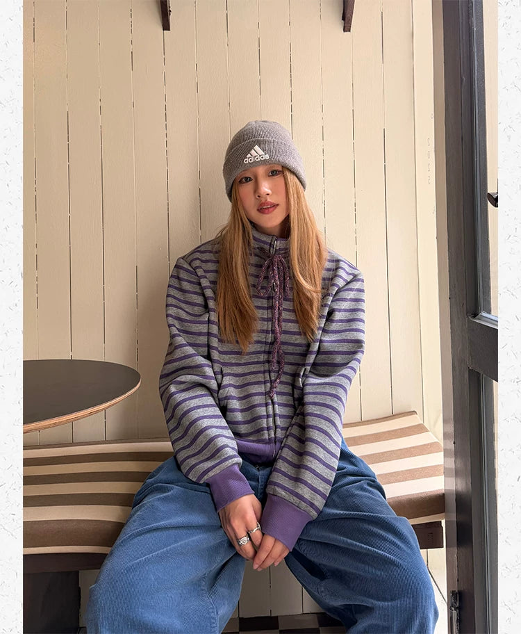 CCYE Striped Fleece Stand-up Neck Sweater Jacket
