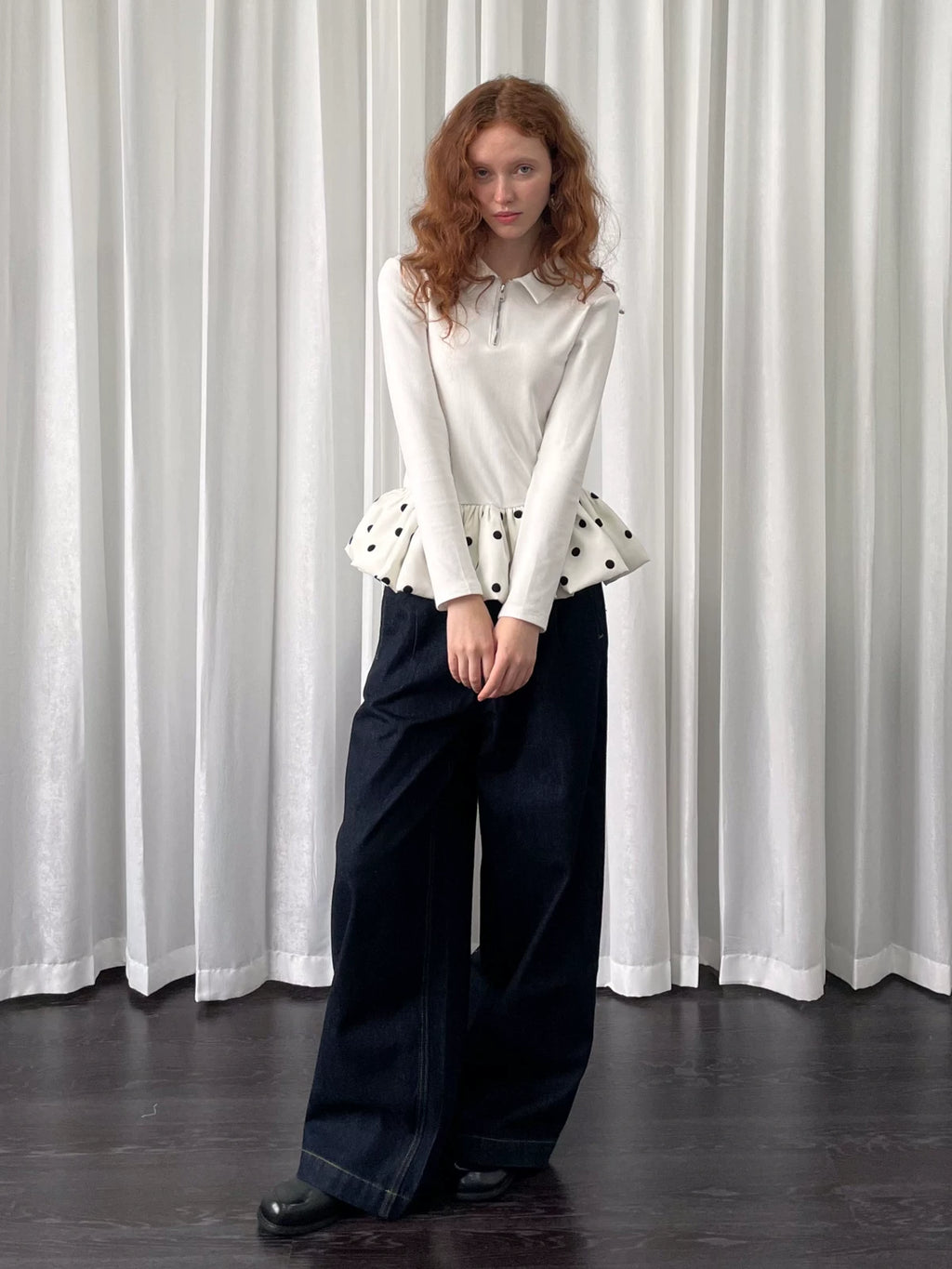 Loosesmell Slim Stitching Polka Dot Bud Hem Long Sleeve