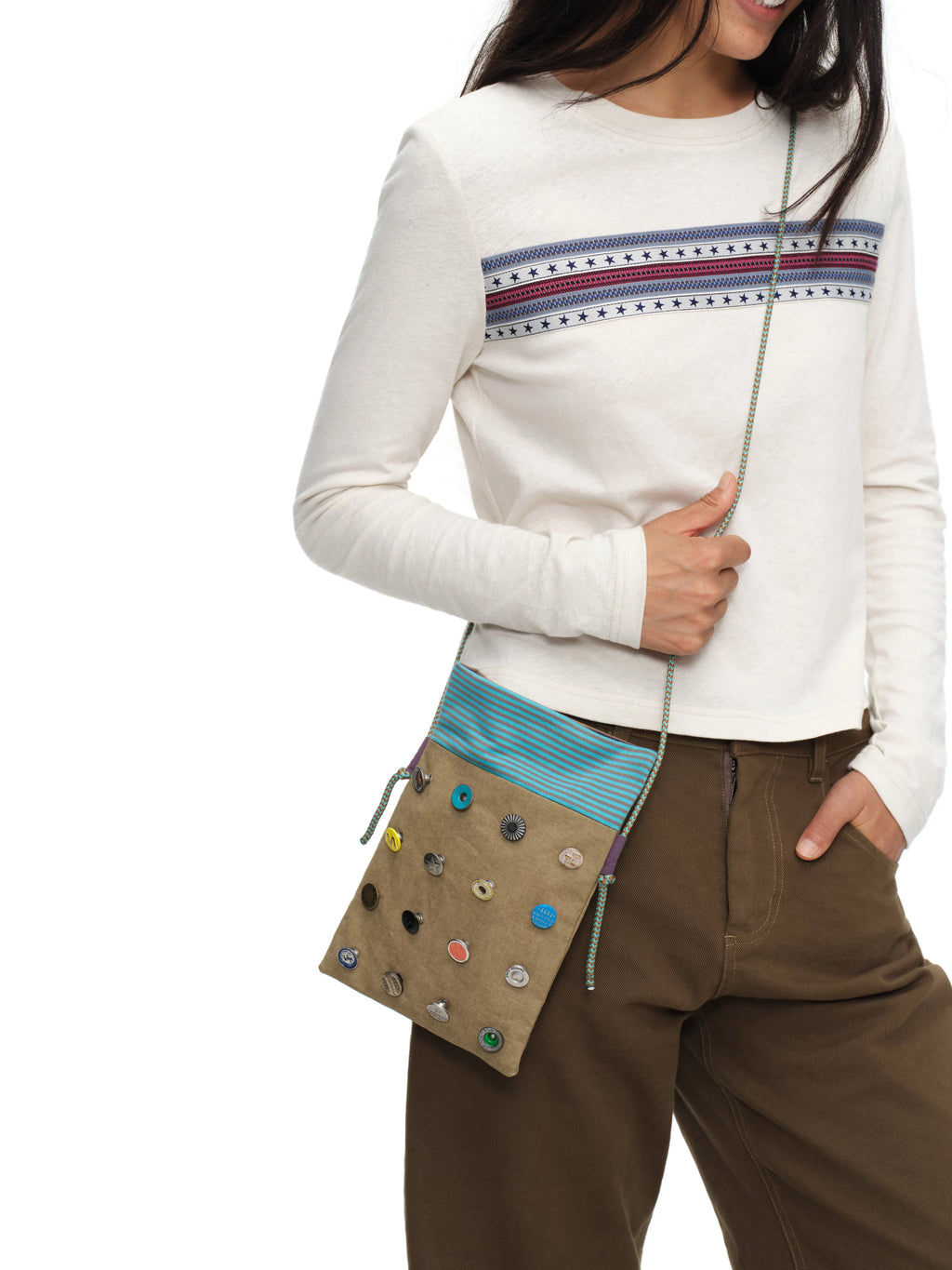 Oinimi Fun Button Contrast Striped Shoulder Bag