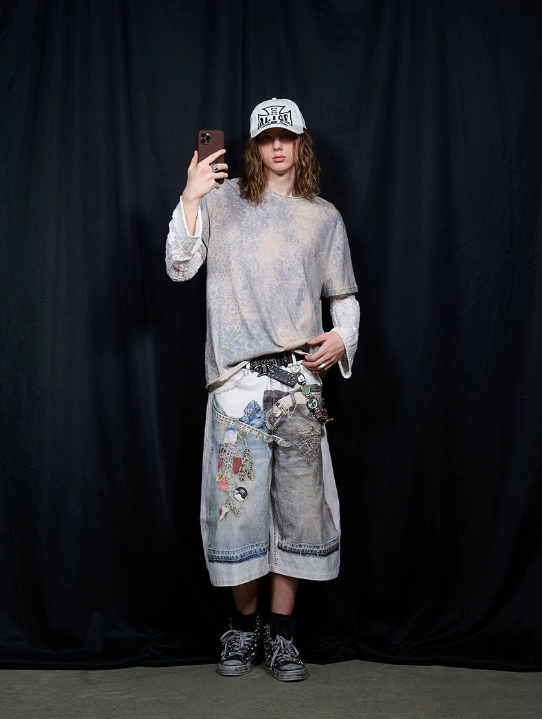 Rocawear Digital 3D Printing Contrast Badge Seven-Point Jeans