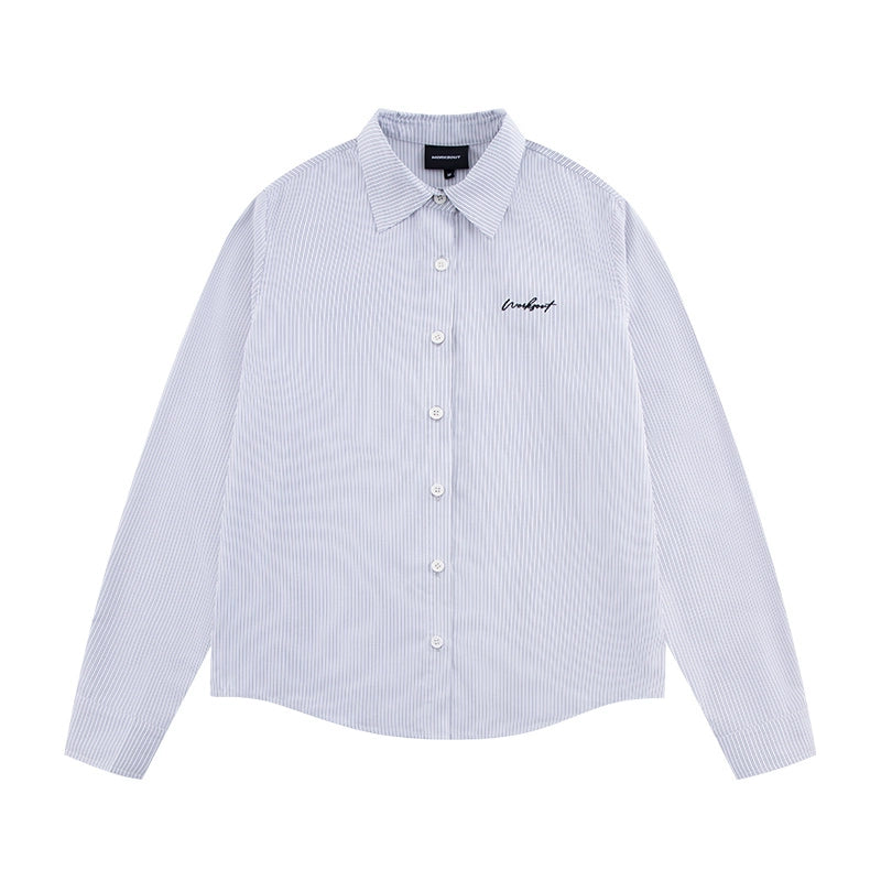 NICEBAD Striped-embroidered Slim-fit Short Shirt