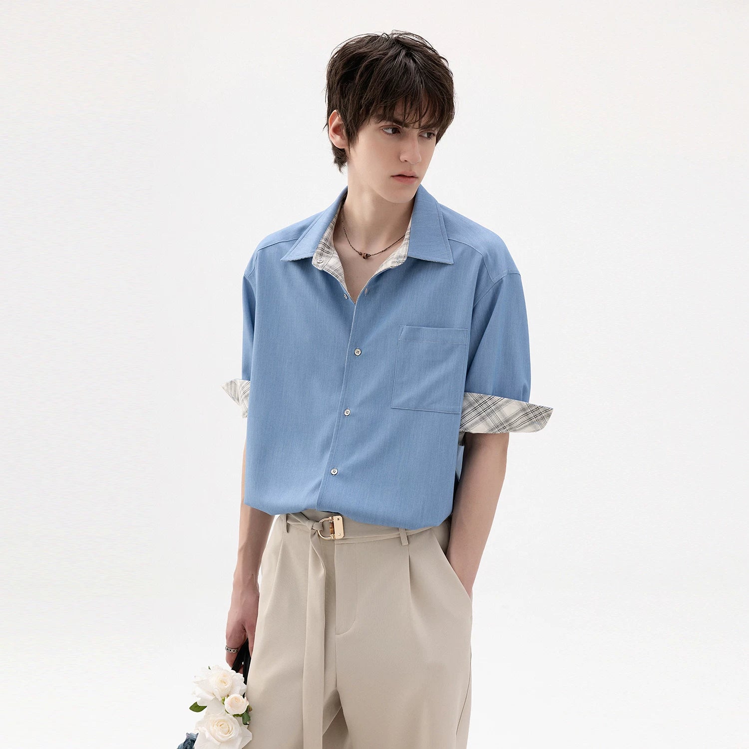 CHOR Ice Silk Denim Splicing Checked Roll Sleeve Shirt