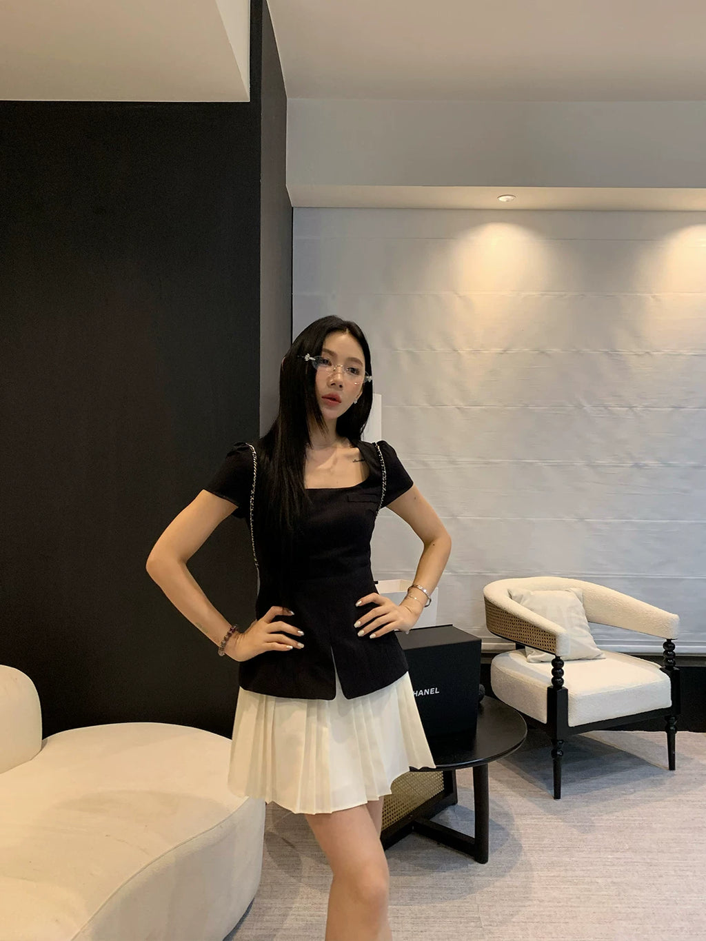 YOUNG KYLIN Contrasting Splicing Fake Two-piece Pleated Dress