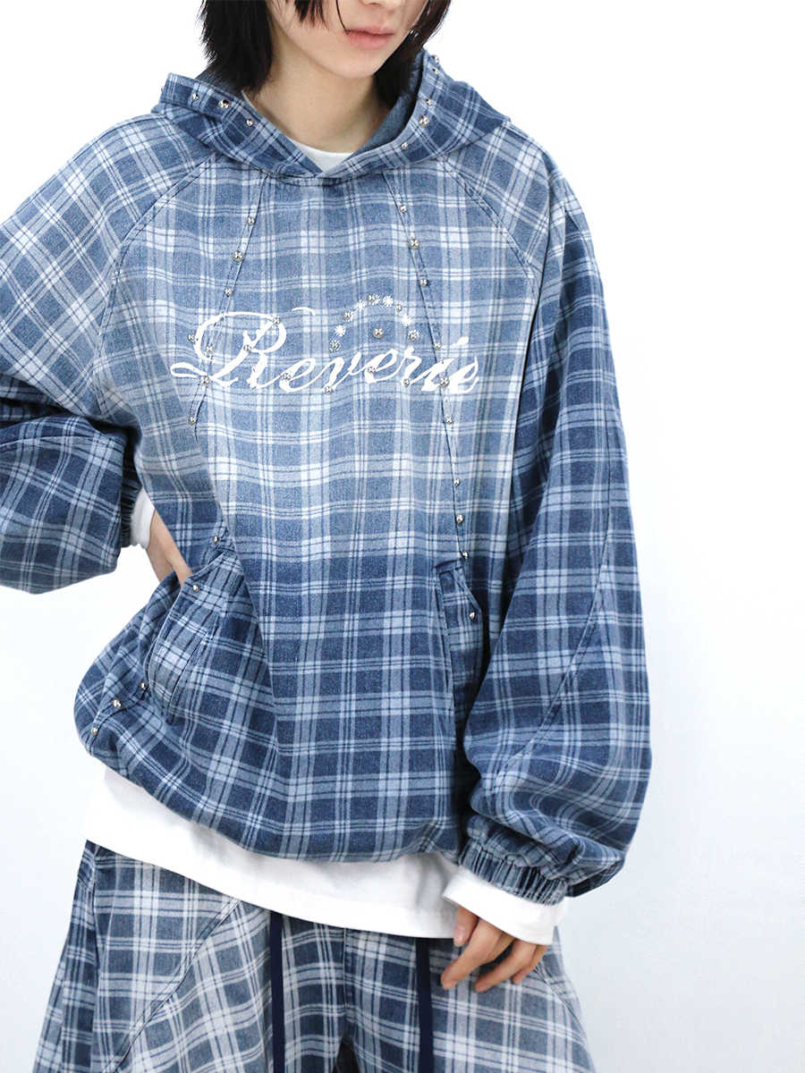 RELABEL Bump Studs Gradual Change Plaid Hooded Denim Sweater