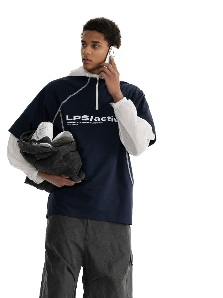 Loopsoon Contrasting Bright Line Loose Semi-turtleneck Zipper Tee