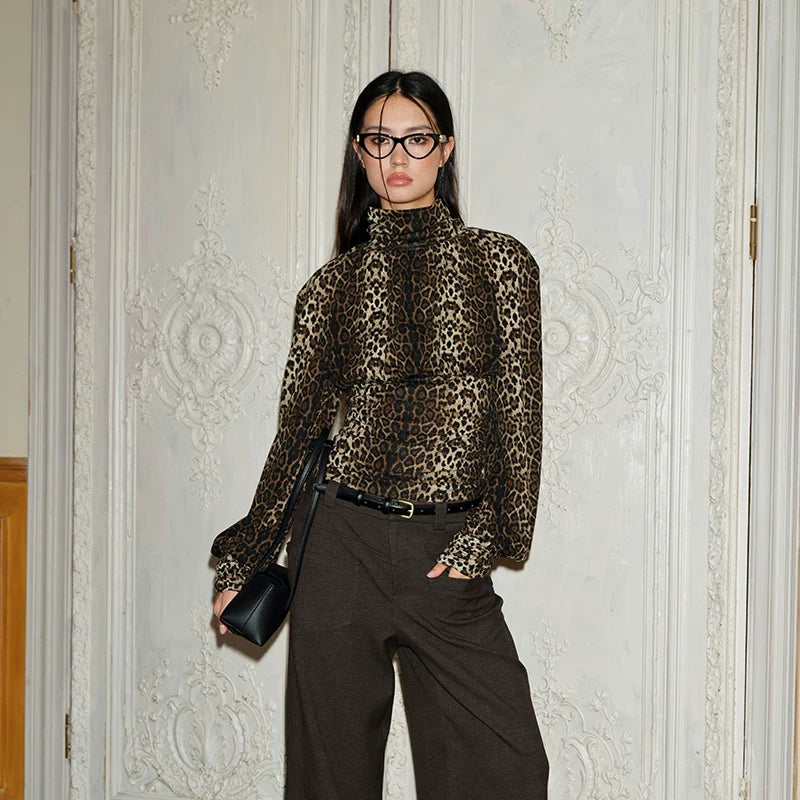 J TheChosen Leopard High Neck Pleated Waist Knitted Long Sleeves