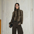 J TheChosen Leopard High Neck Pleated Waist Knitted Long Sleeves