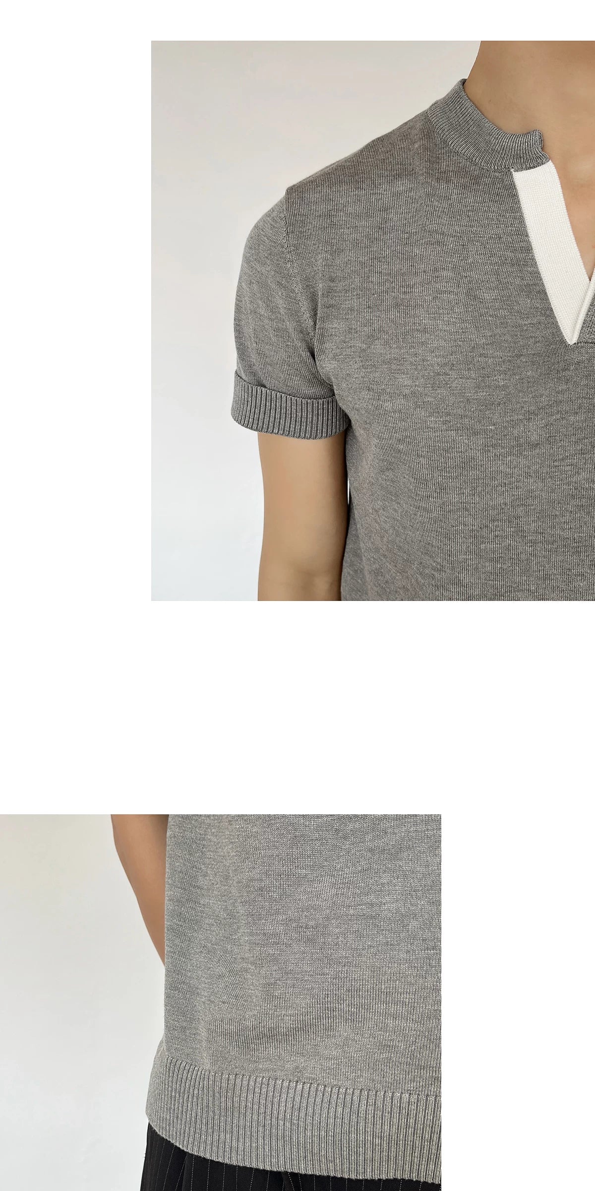 Chein Minimalist Contrasting Color V-neck Knitted Tee