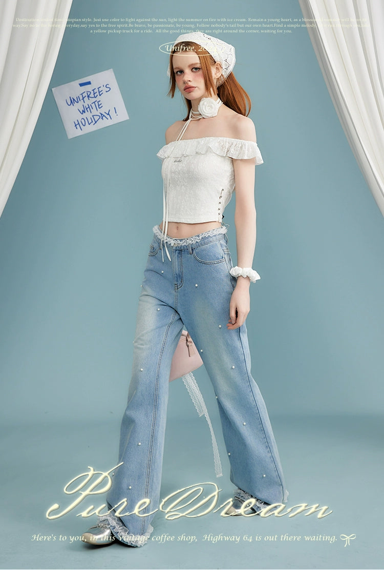 UNIFREE Beaded Lace Stitching High Waist Slim Jeans