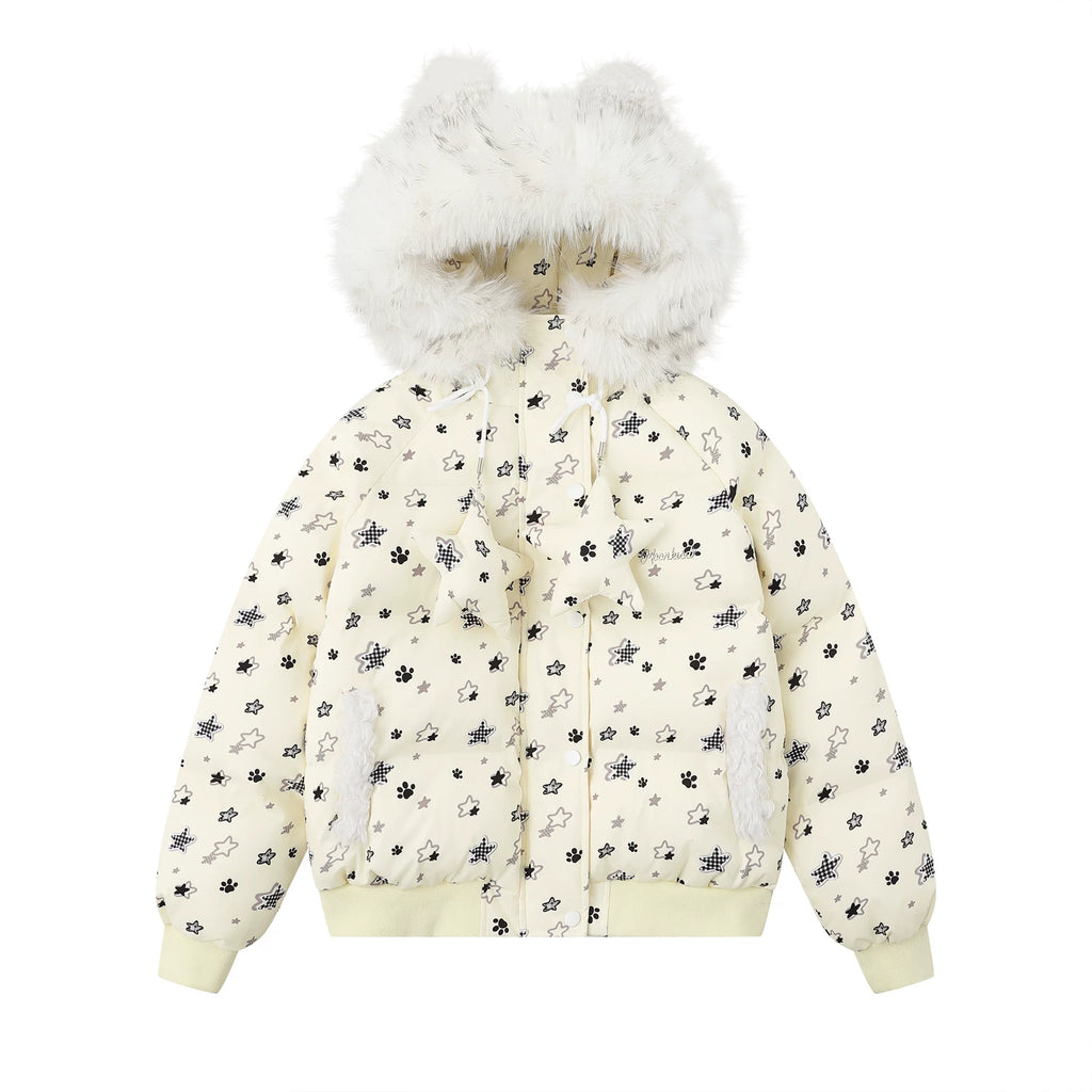 Zuocisankon Star Print Plush Hooded Cotton Coat