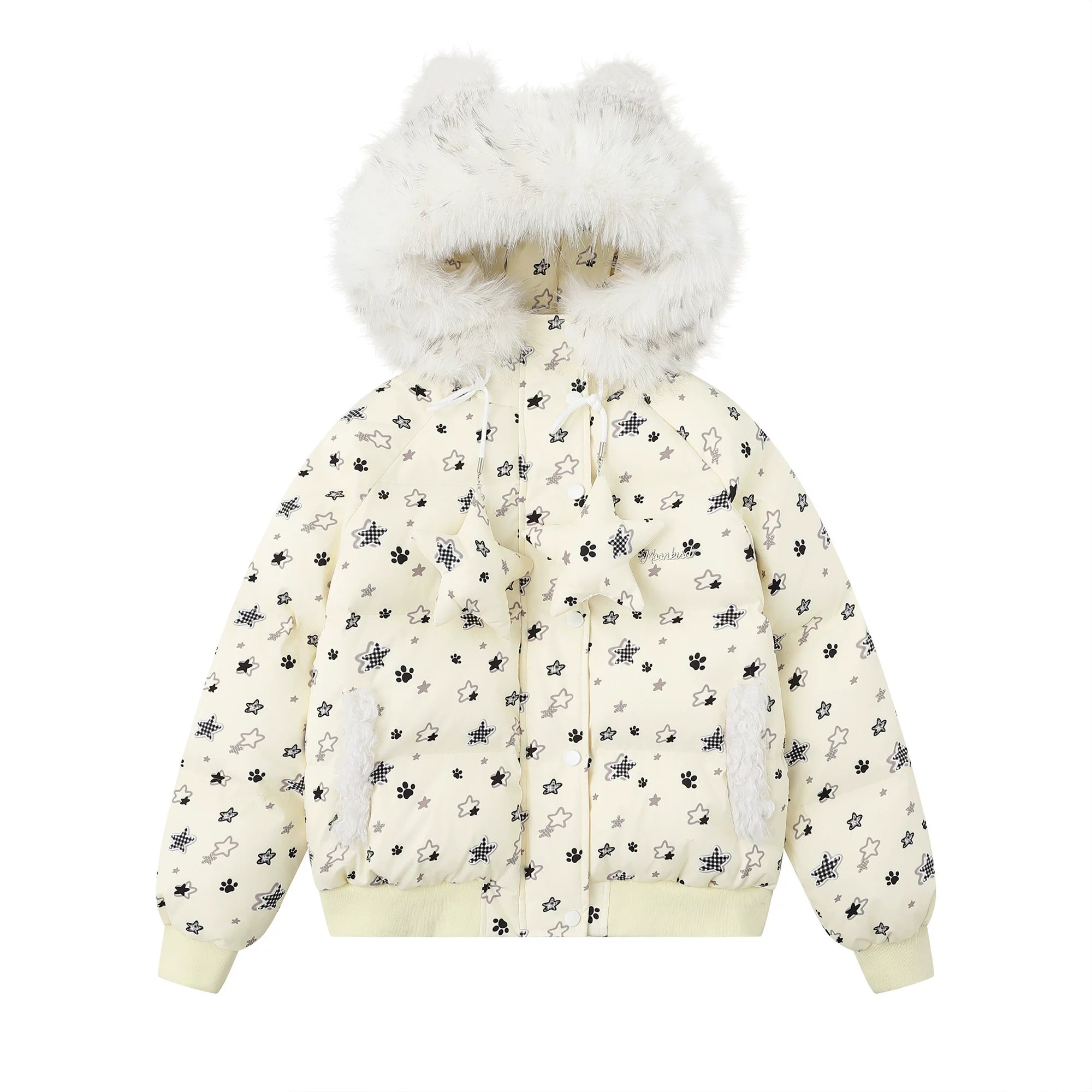 Zuocisankon Star Print Plush Hooded Cotton Coat