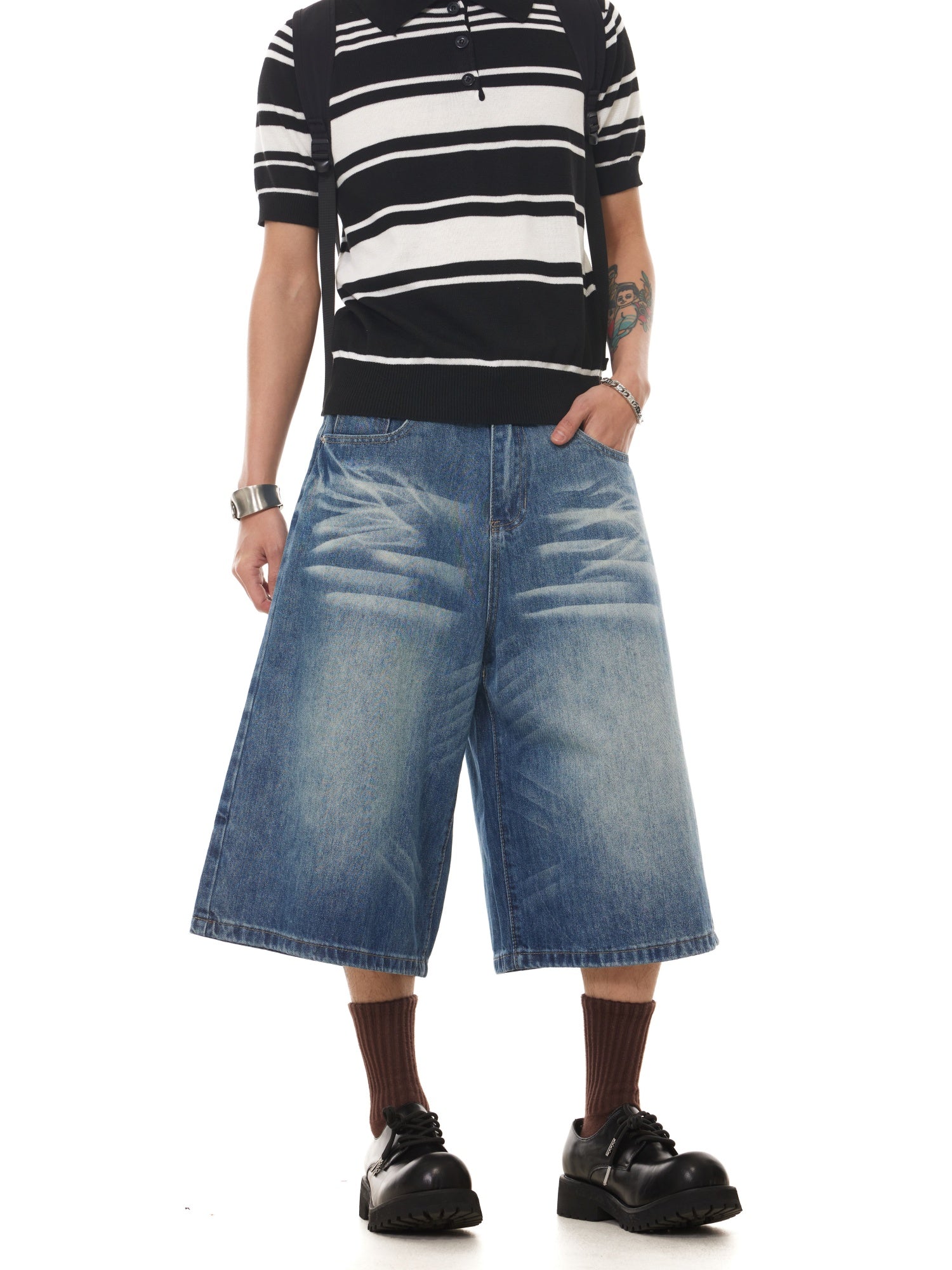 BTSG washed cat beard loose wide-leg denim shorts