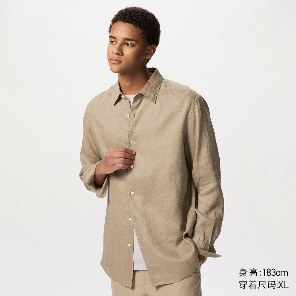 Uniqlo Men's and Women's French Hemp Shirt/Long Sleeve Shirt Linen Casual 25 Spring and Summer New 477641