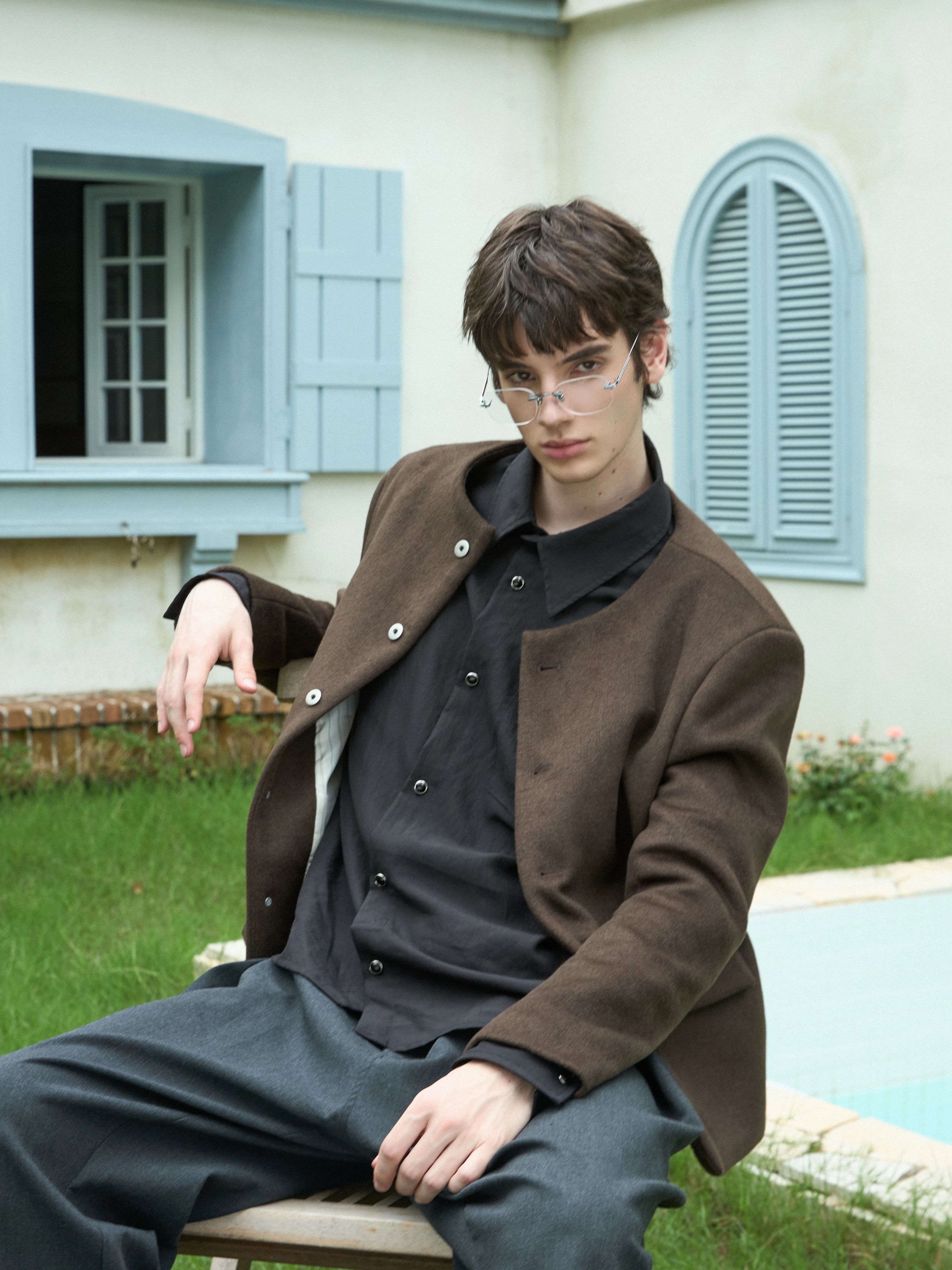 Stay The Night Straight Shoulders Collarless Suit Striped Jacket