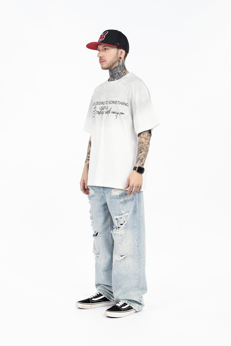 SUPER WAY Spray Color Gradual Change Letter Printing Simple Tee