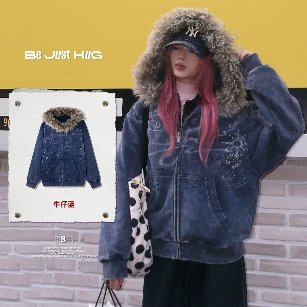 BJHG Fur Collar Hooded Sweater