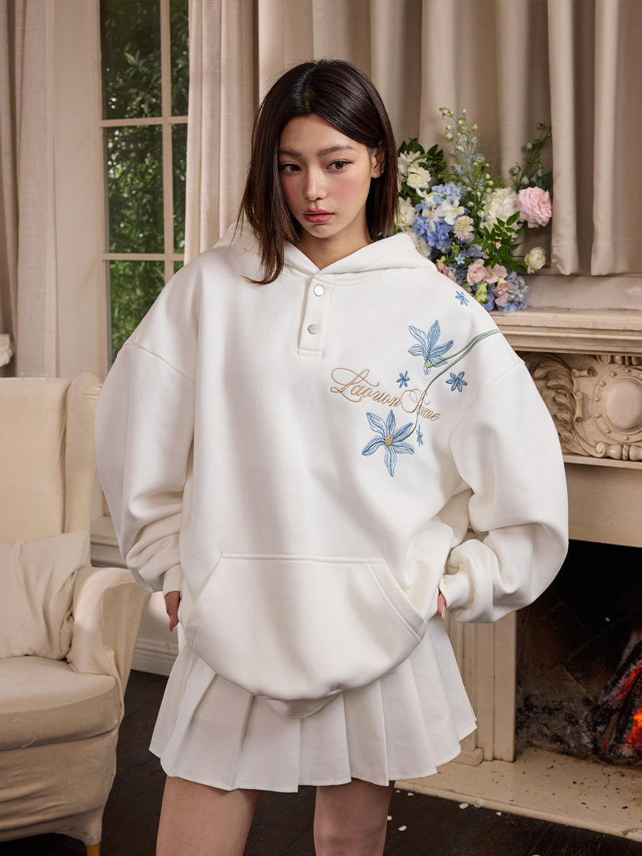 Harshandcruel HACR Chinese Over-the-Shoulder Blue Floral Embroidery Hoodie