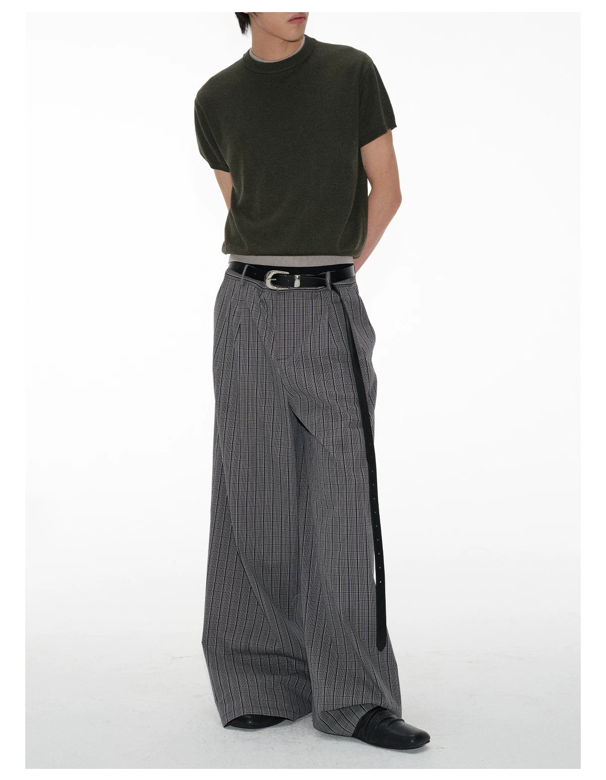 JCAESAR Bubble Plaid Straight Wide-leg Pants