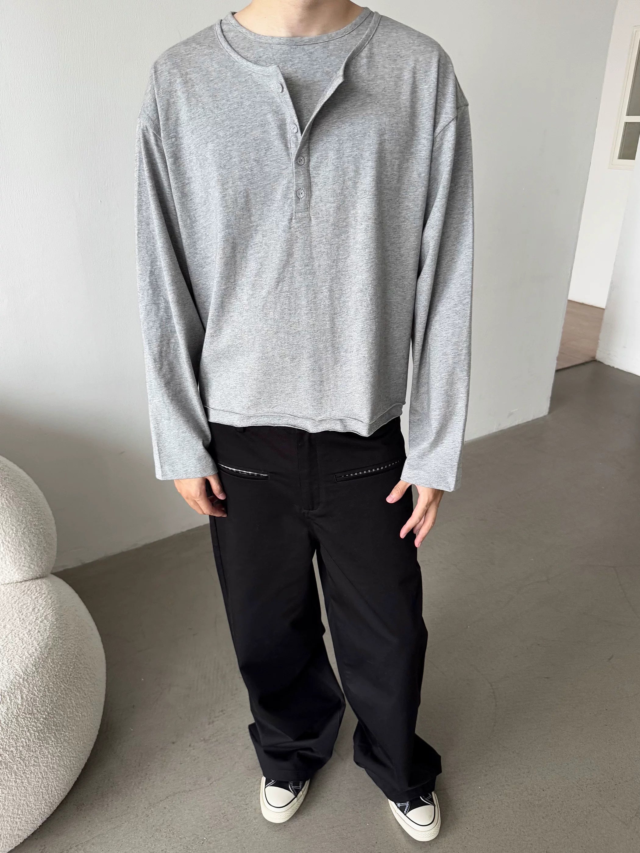 Erole Henry Double Neck Solid Color Long Sleeve T-Shirt