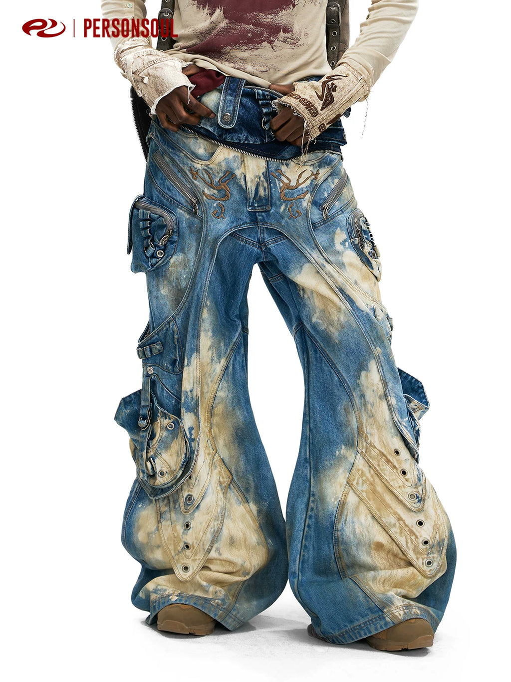 PERSONSOUL Phoenix Bird Pattern Tooling Jeans