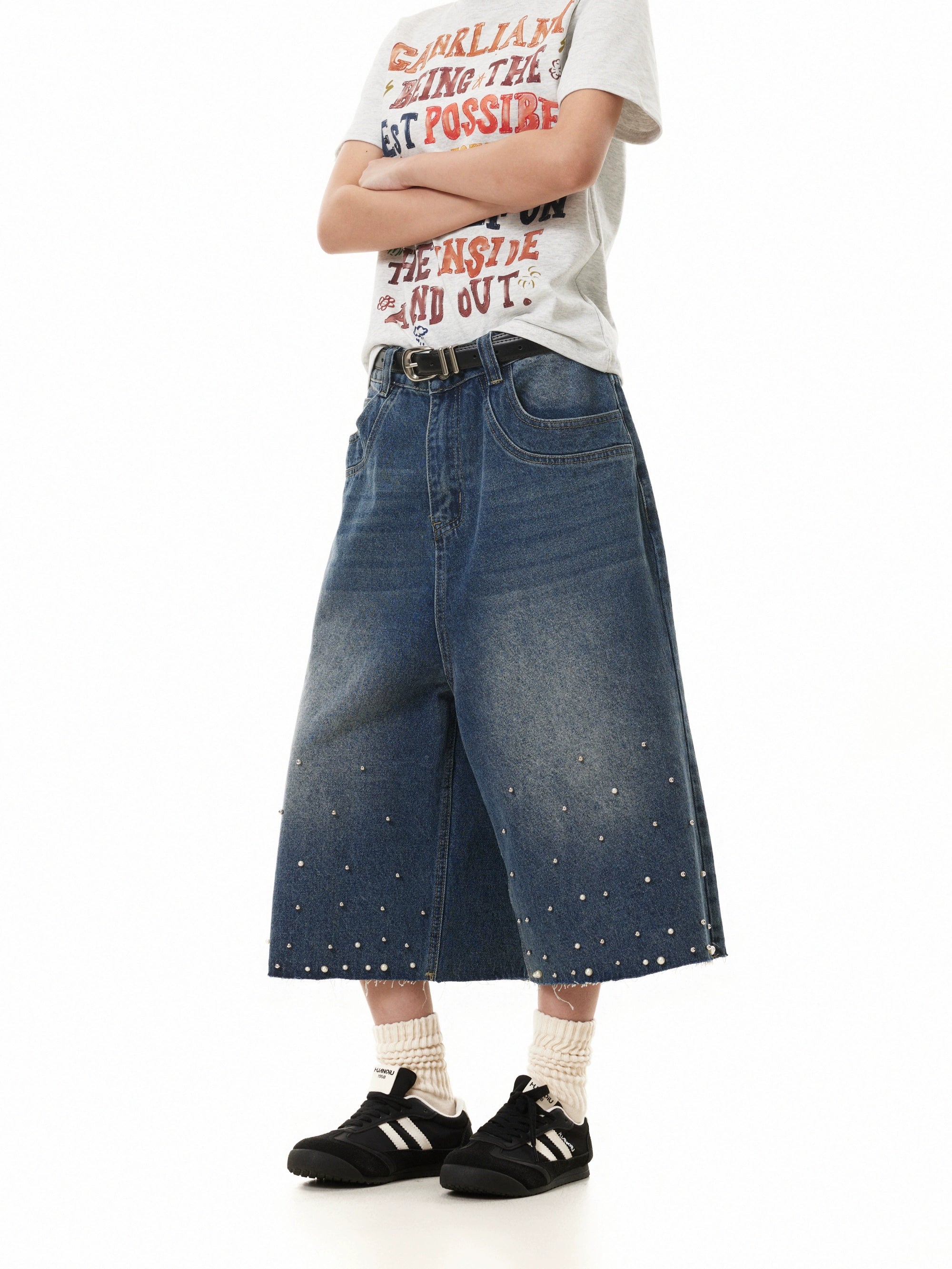 BTSG Pearl Vintage Loose Wide Leg Denim Shorts
