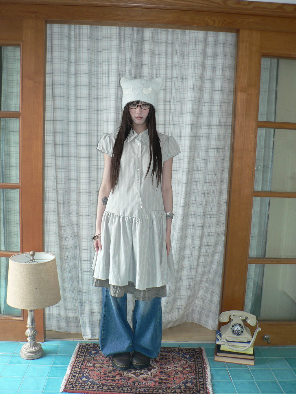 Ang: Project Vertical Striped Bubble Sleeve Lapel Dress