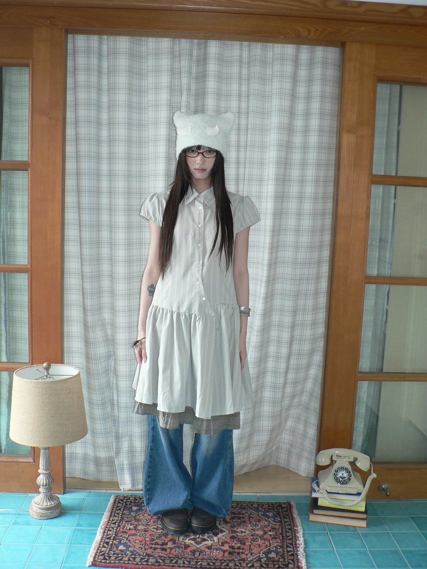 Ang: Project Vertical Striped Bubble Sleeve Lapel Dress