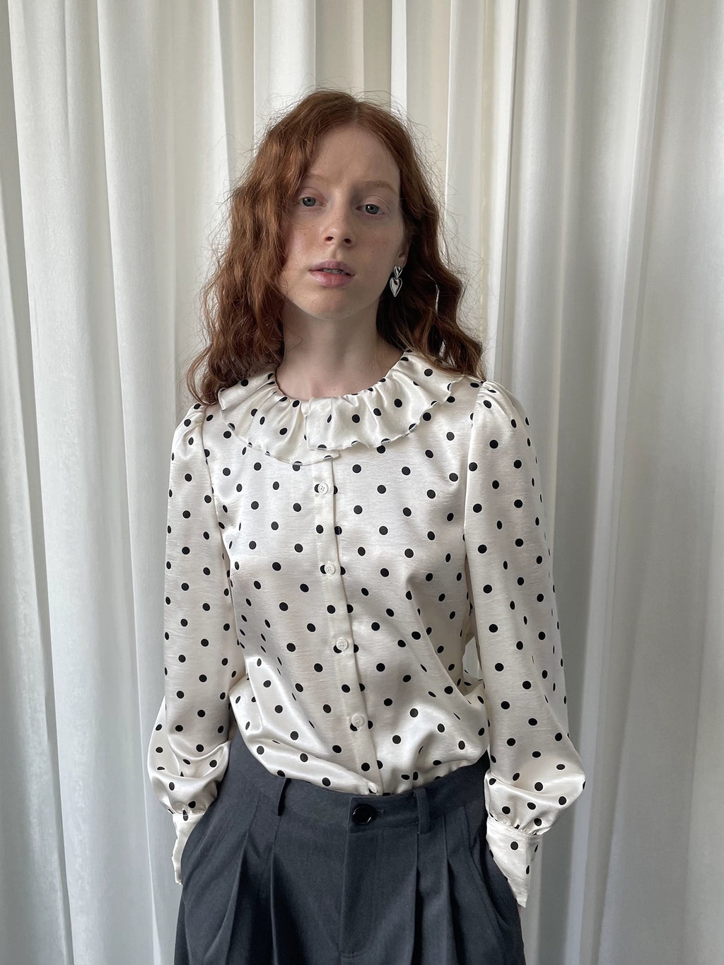 Loosesmell Fungus Edge Lace Collar Polka Dot Satin Long Sleeve Shirt