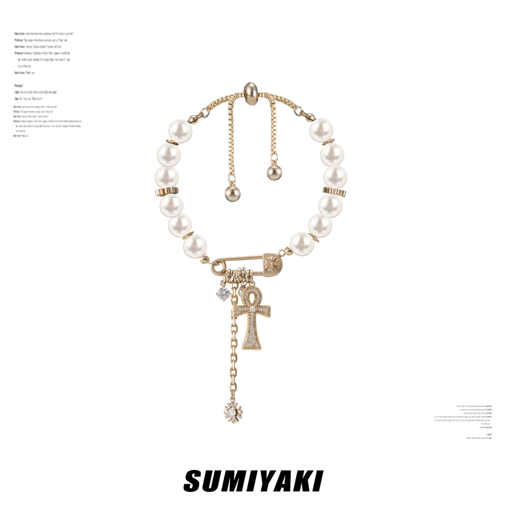 SUMIYAKI Full Diamond Cross Pearl Bracelet