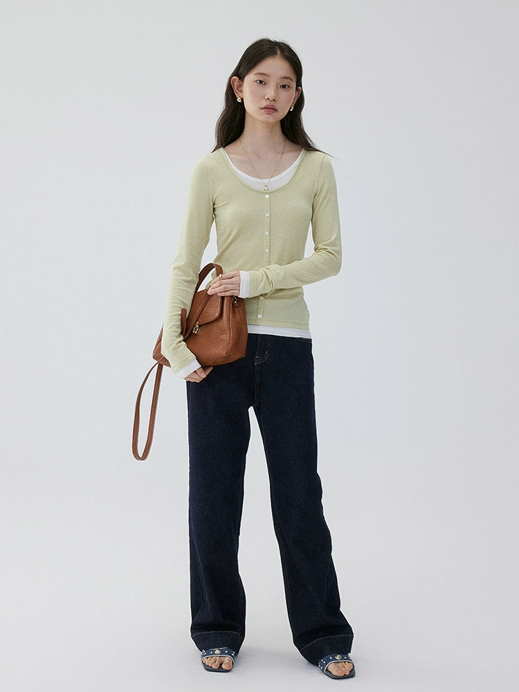 VOOE Fake Two Pieces Casual and Thin Round Neck Long Sleeves
