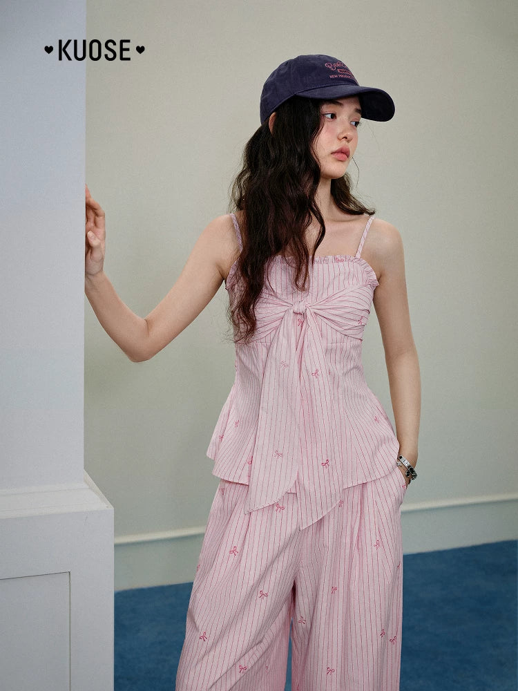 Kuose Striped Suspender Casual Pants Two-piece Set