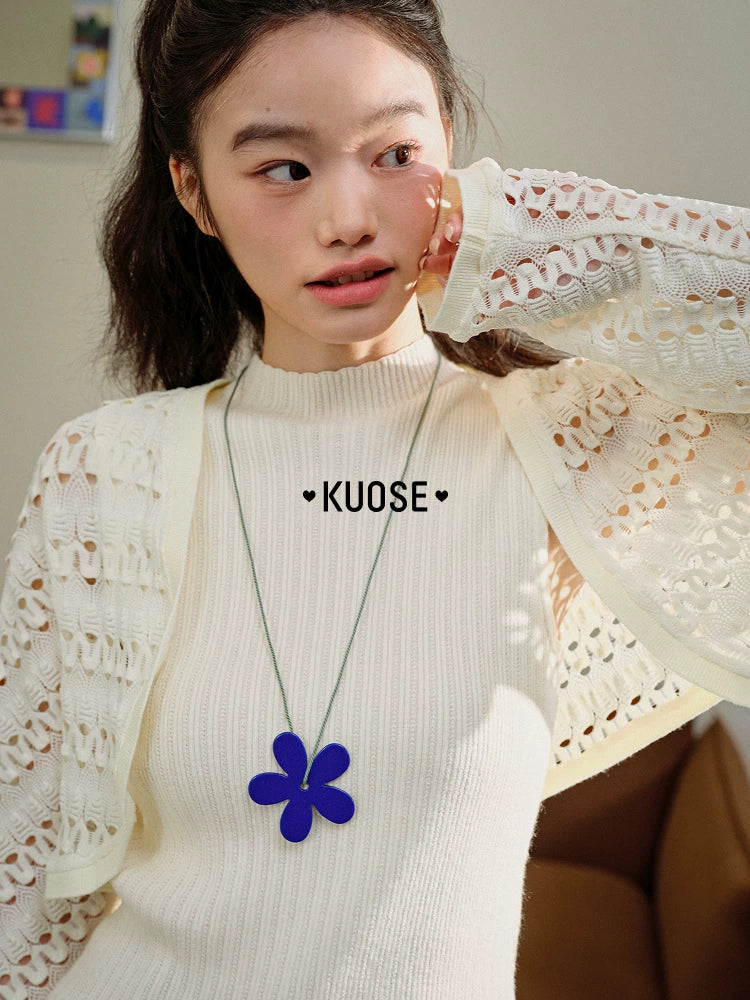 Kuose Lace Hollow Blouse Suspender Knitted Set