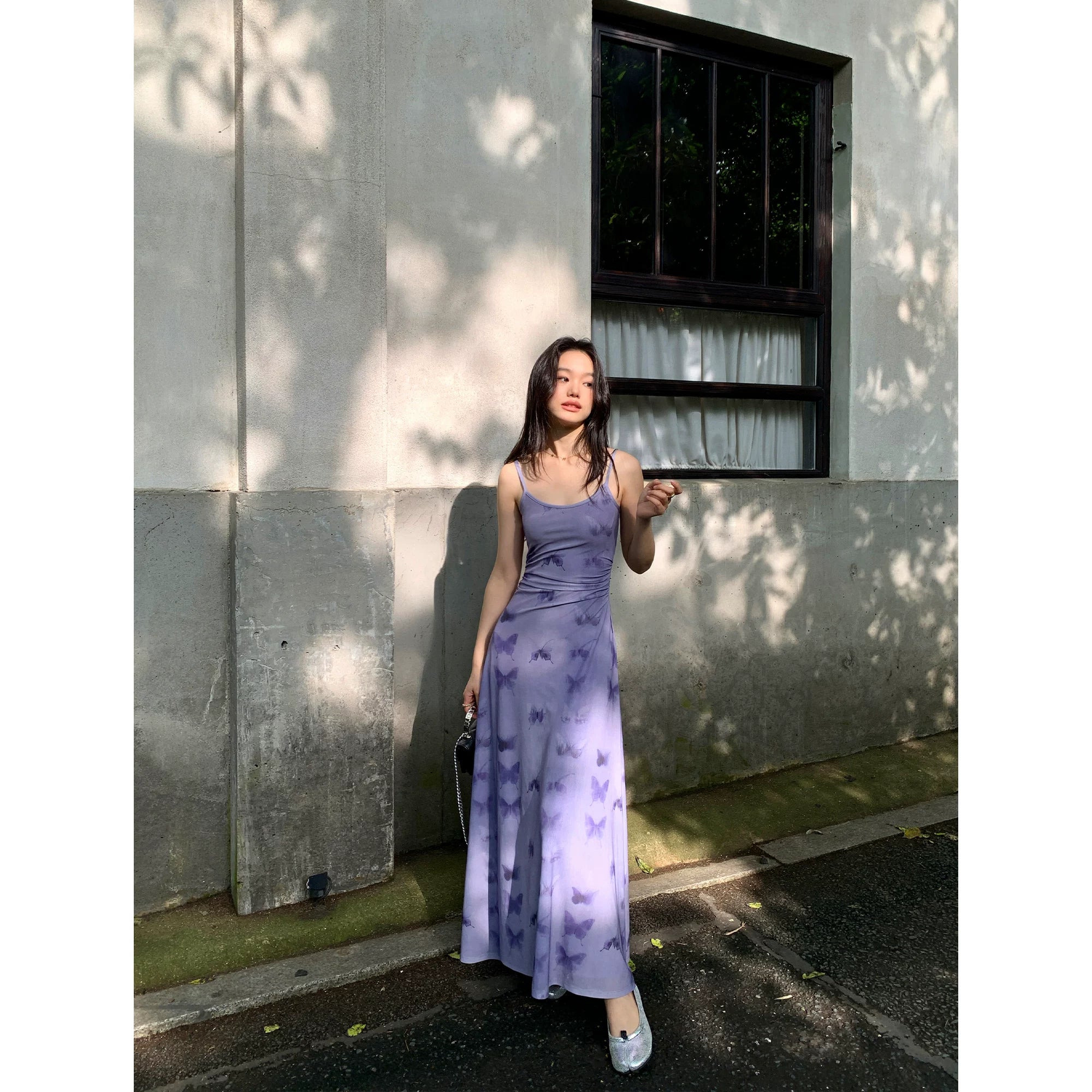 Pusumede Butterfly Print Mesh Suspender Dress