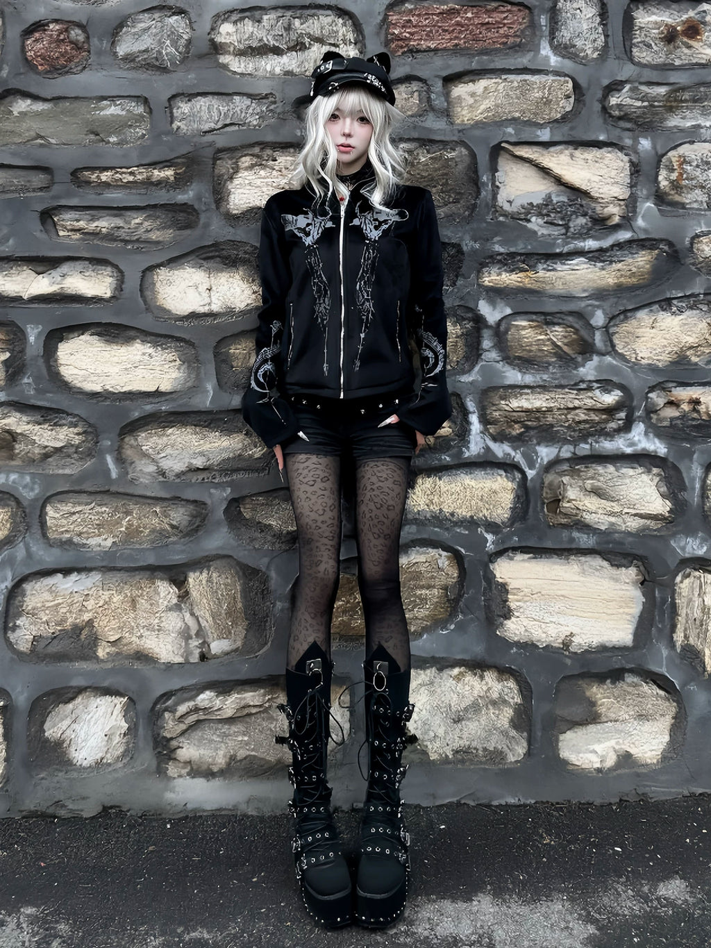 PAIKI Skull Singer Music Notes Stand-up Collar Velvet Jacket