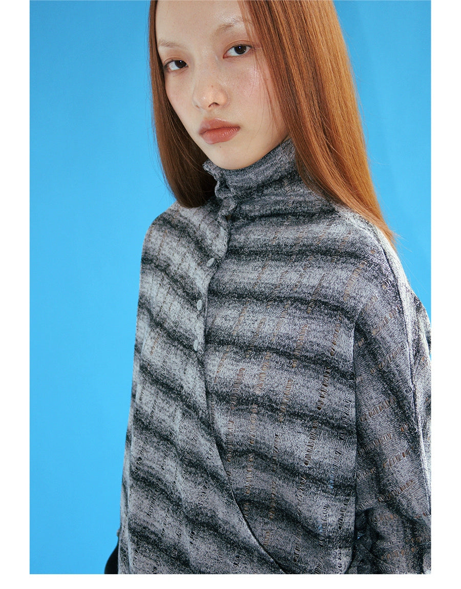 FUNKYFUN Small Turtleneck Hollow Striped Splicing Tee