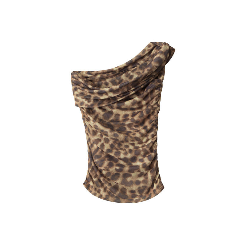 Nariele Irregular Slant Neck Leopard Patch Hottie Pleated Vest