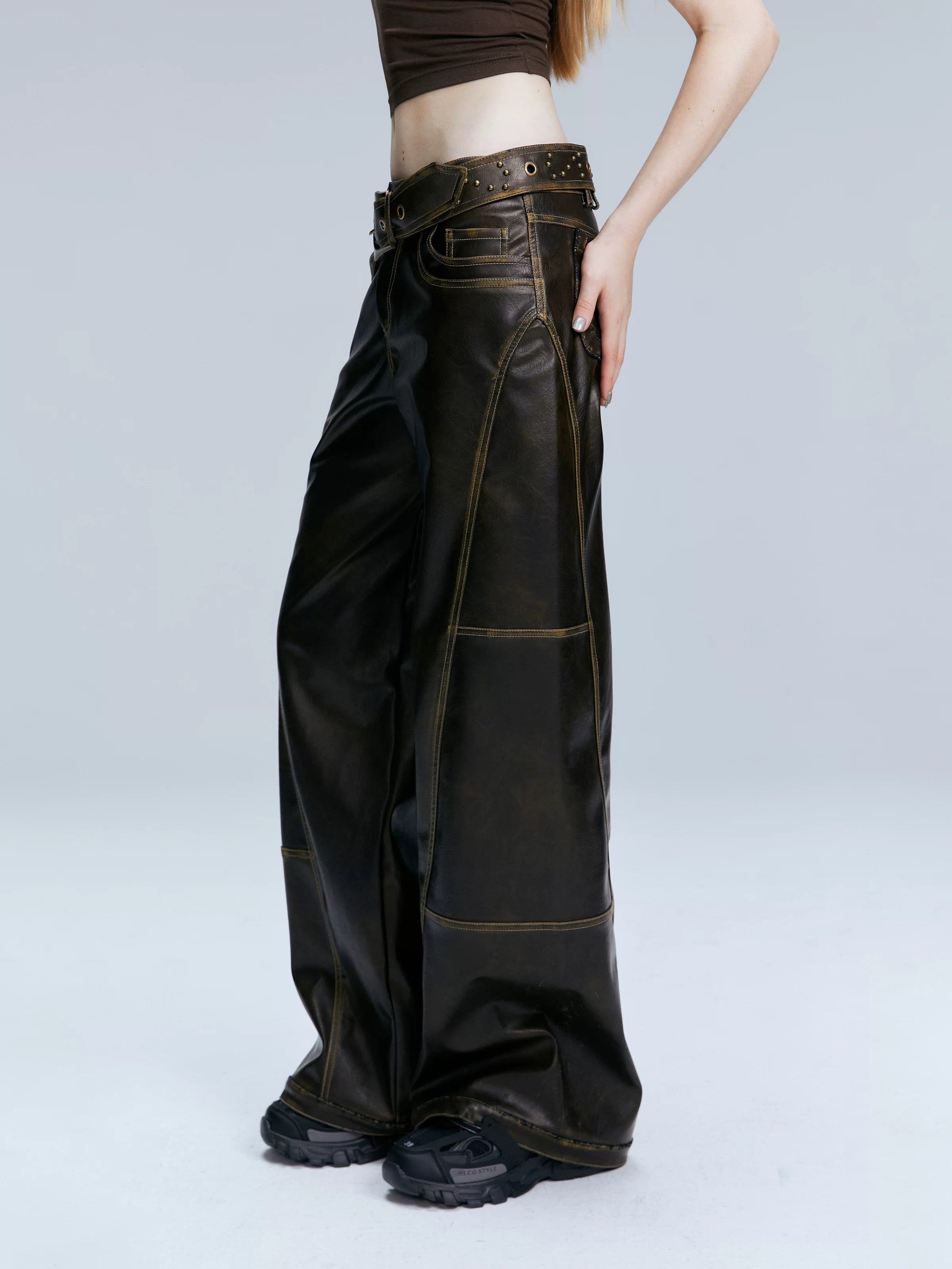 2th Desire Retro Loose Versatile Straight Leather Pants