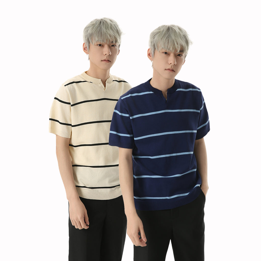 MTLCLOTHES Vintage V-neck Contrasting Striped Knitted Tee
