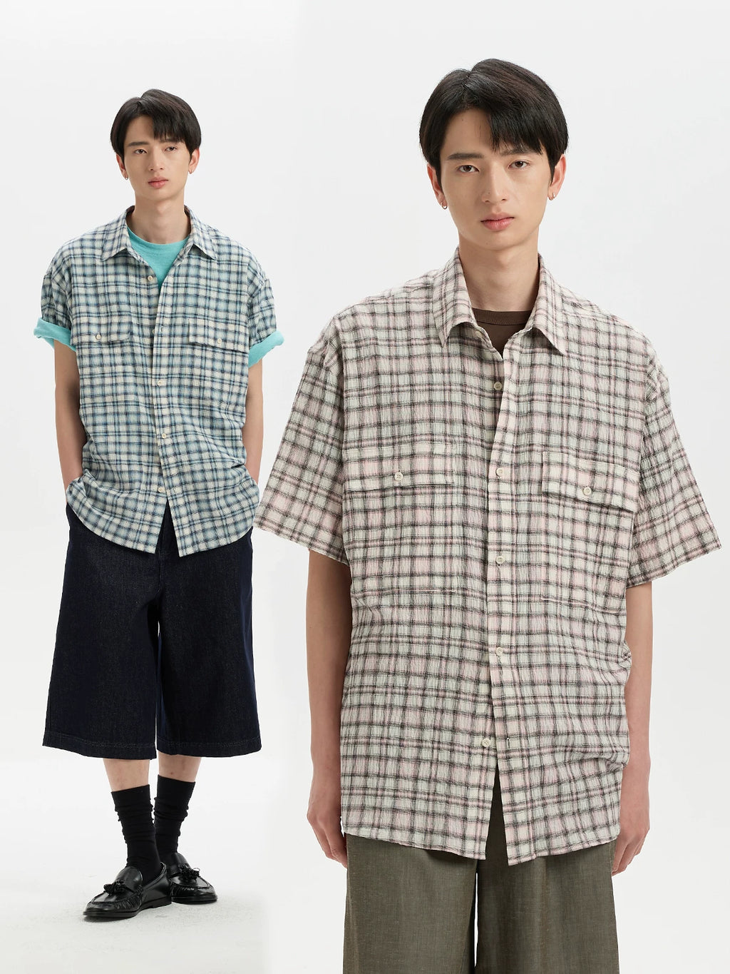 BUTTBILL 200g Plaid Drop-Shoulder Short-Sleeve Shirt