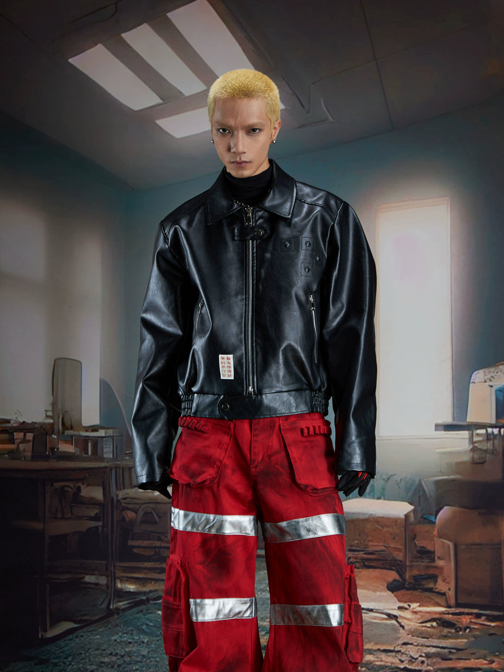 NOMANIAI Graffiti Spray-painted Lapel Loose Short Leather Jacket