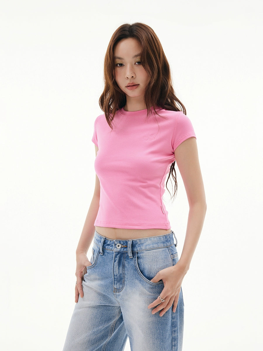 FUNKYFUN Embroidery Front Shoulder Waist Tee