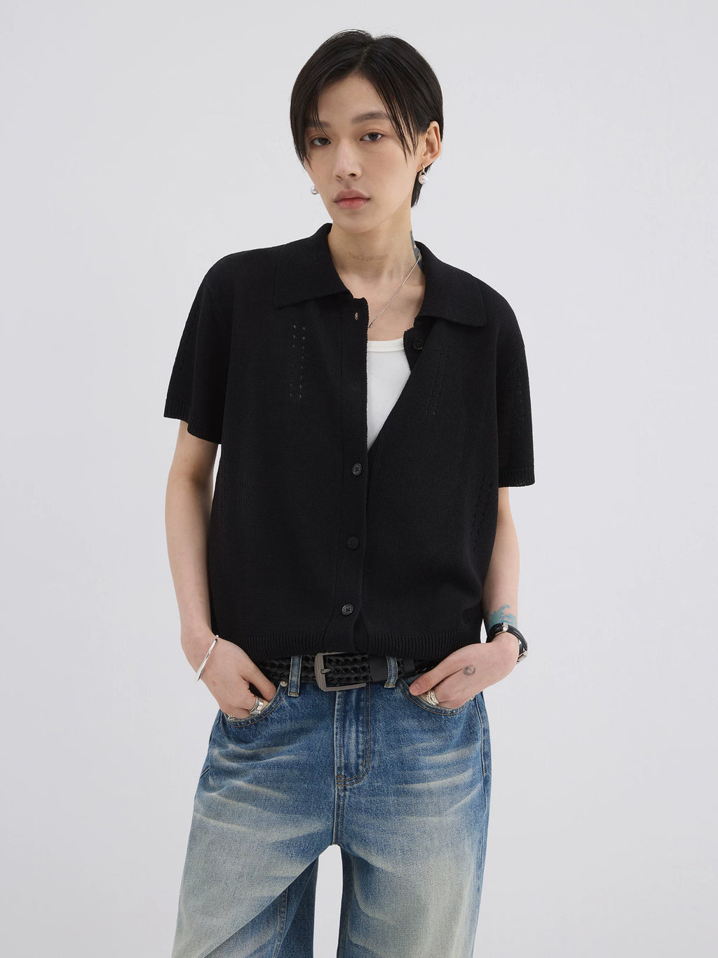 Sameuoo Skeleton Knitted Casual Polo Shirt