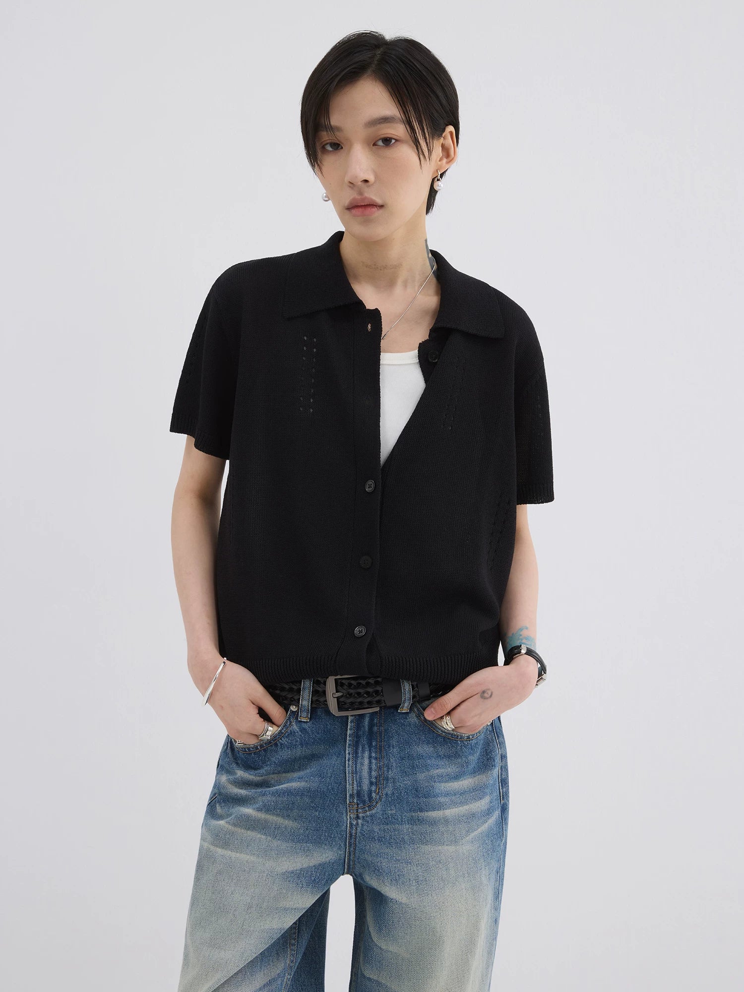 Sameuoo Skeleton Knitted Casual Polo Shirt