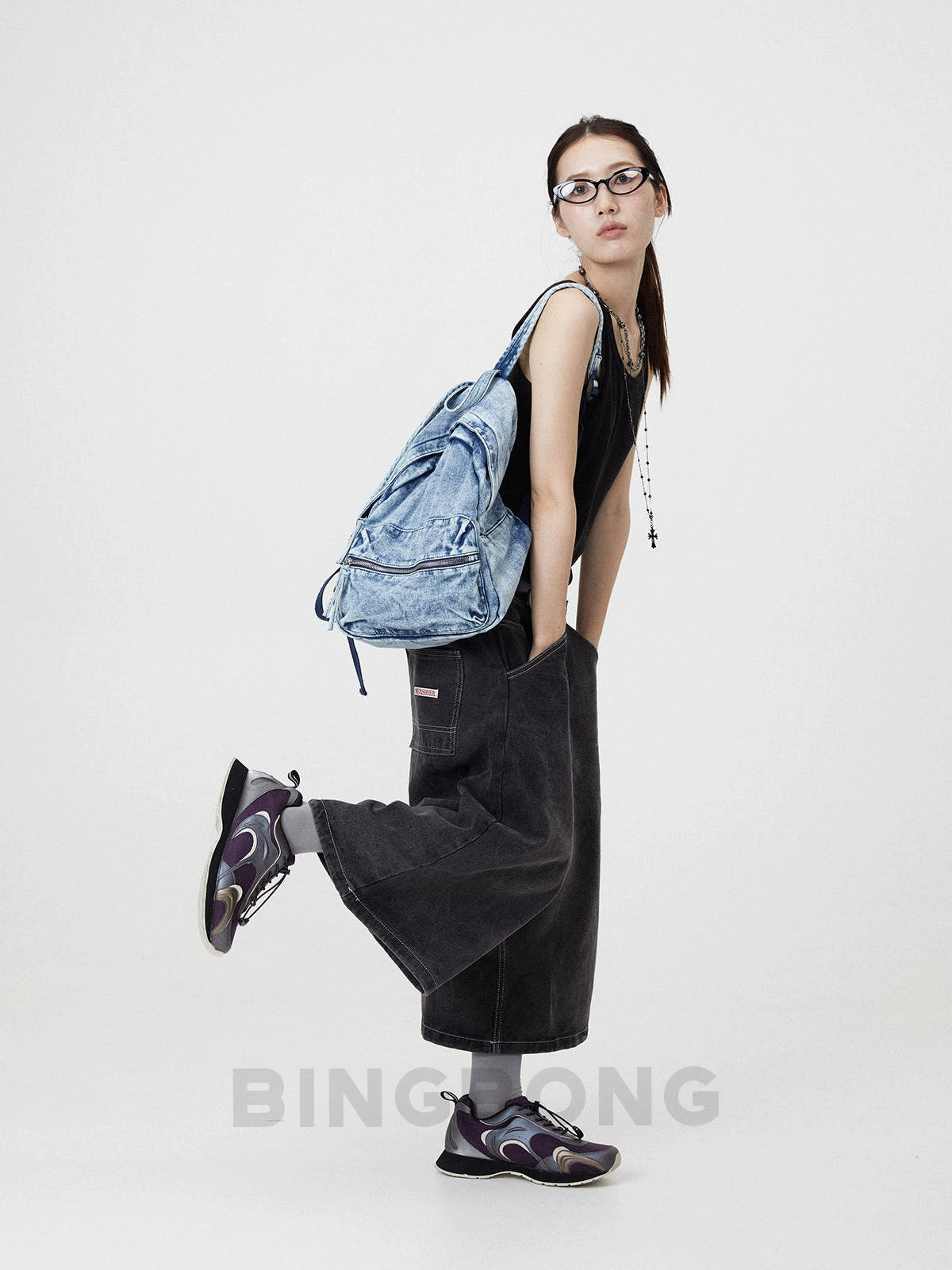 BINGBONG Wash Denim Blue Backpack Spice Girls Canvas Backpack