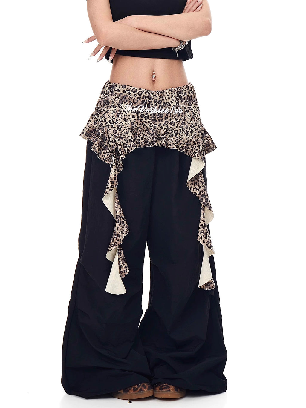 BLACKLISTS Leopard Print Splicing Pleats Stacked Fake Two-piece Pants