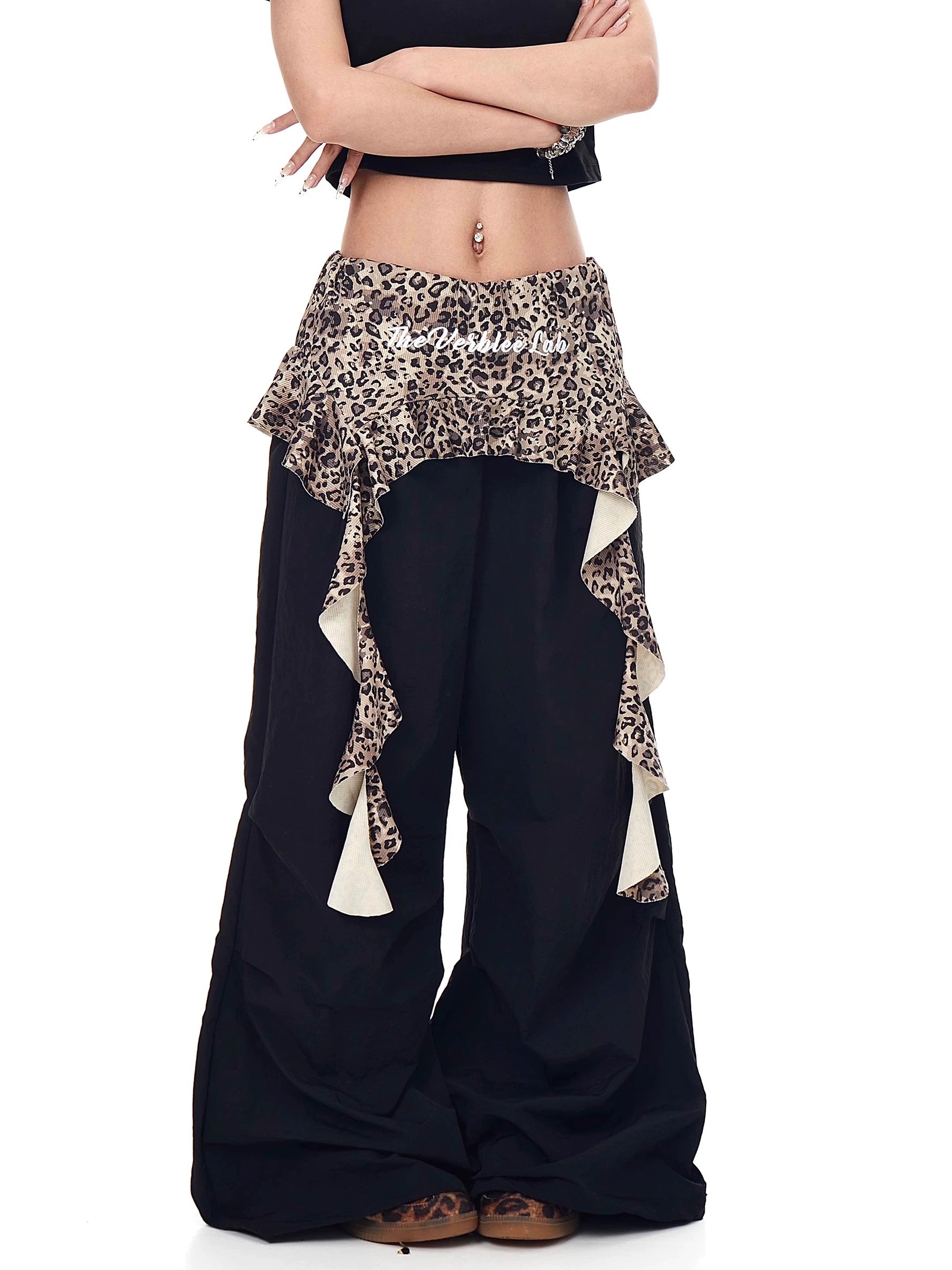 BLACKLISTS Leopard Print Splicing Pleats Stacked Fake Two-piece Pants